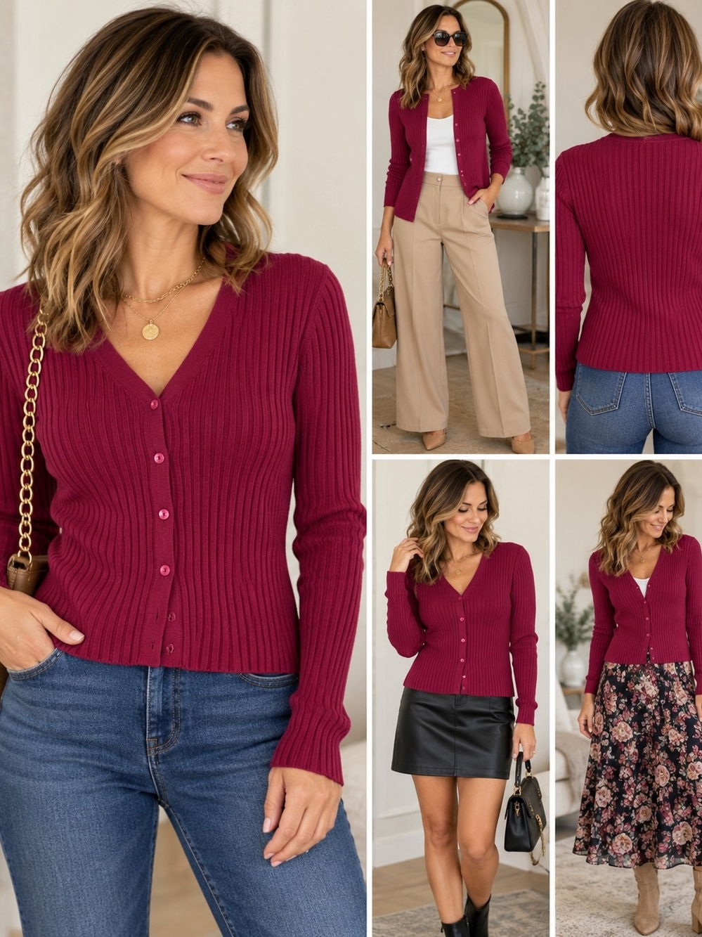 Express Ribbed Cotton Cardigan Size L Magenta Berry Pink V-Neck Button Front